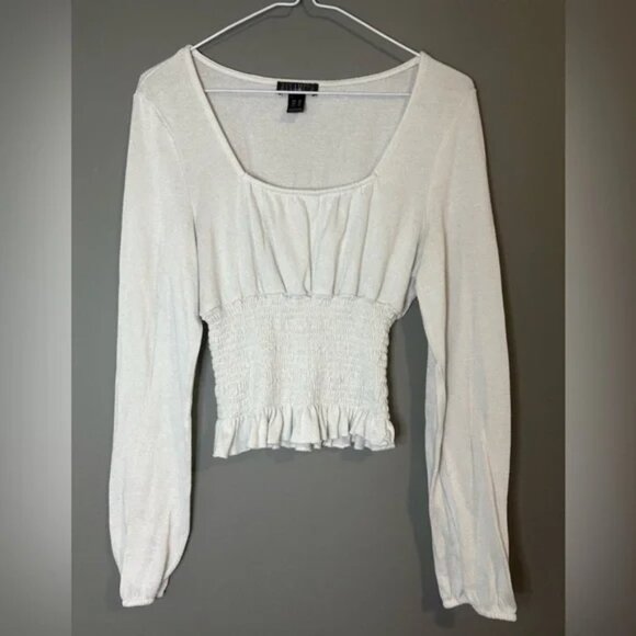 Revamped size M Women's White Smocked Top, long sleeve, ruched waist - Picture 1 of 7